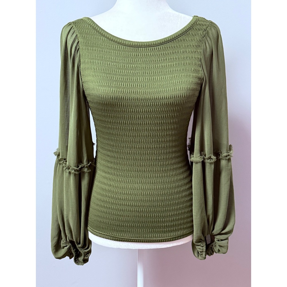 Anthropologie Smocked Bodice Balloon Sleeve Blouse‎ Top Olive Green Size Small